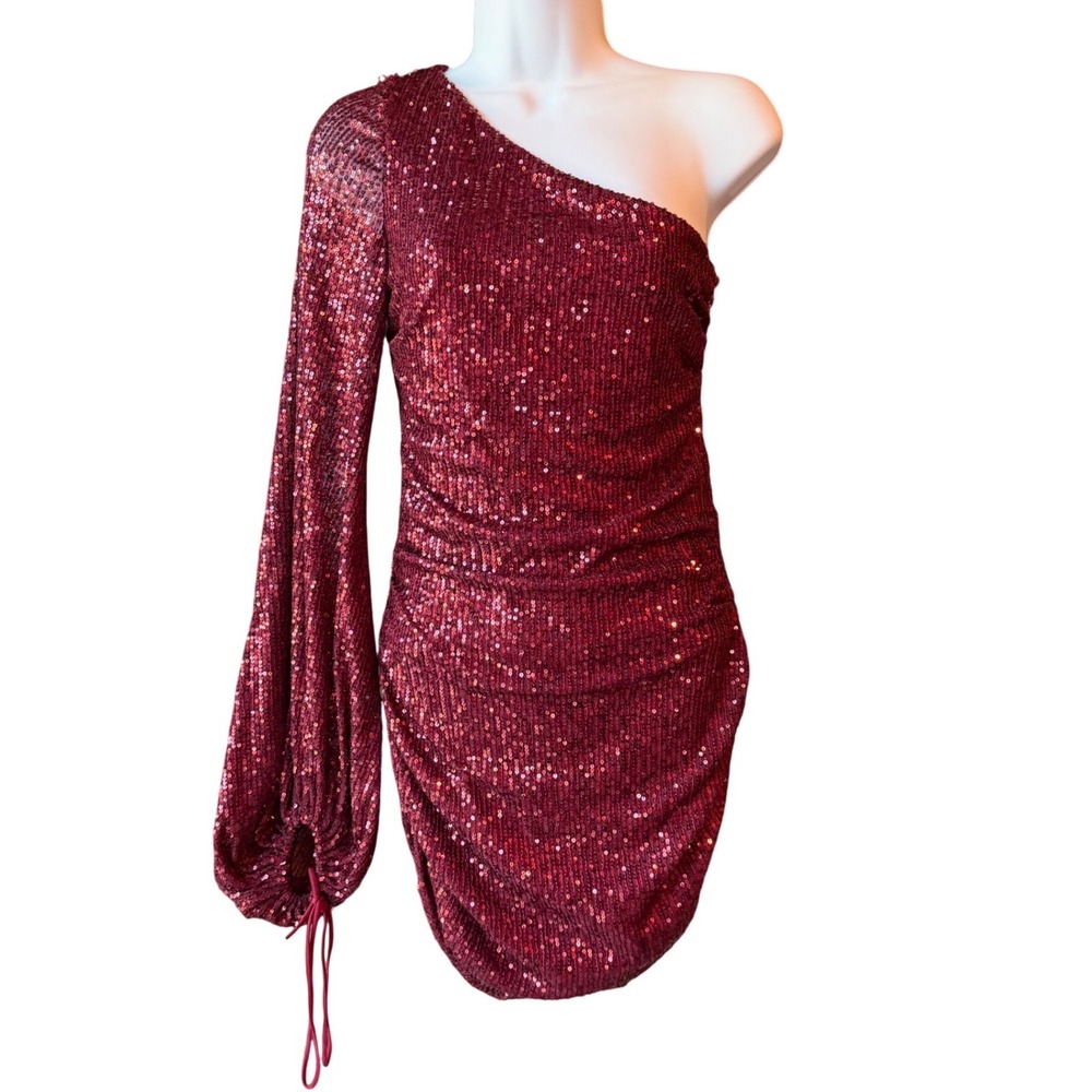 Lucy in the Sky Burgundy Sequin One Shoulder Mini Dress Size Small Cocktail